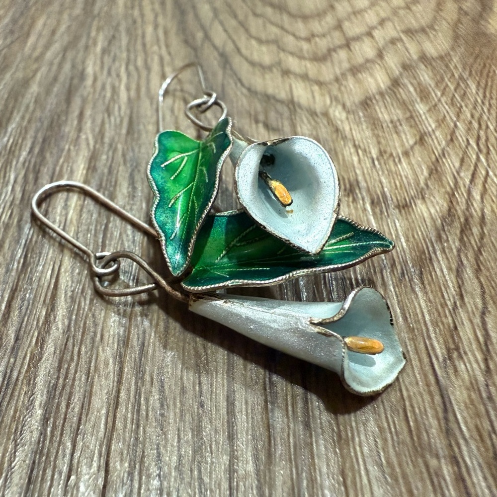 Vintage STERLING Silver Earrings Calla LILY Flower Leaf Dangles 1980s